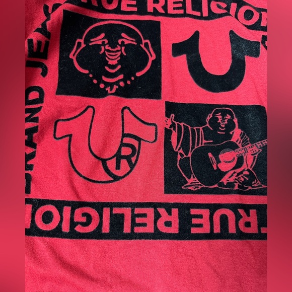 True Religion Brand Jeans Men’s Sz Small Burgundy  T-Shirt Multi logo Buddha - Picture 6 of 6